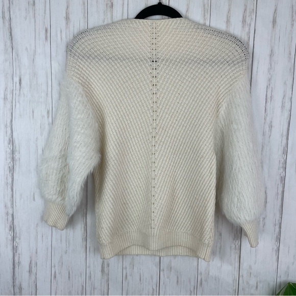 Anthropologie Knitted & Knotted Fuzzy Sleeve Knit Wool Blend Sweater Ivory Cream - Picture 7 of 8